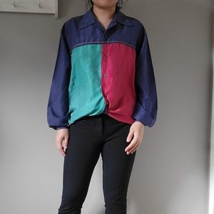 vintage 80s colorblock button front satin blouse L
